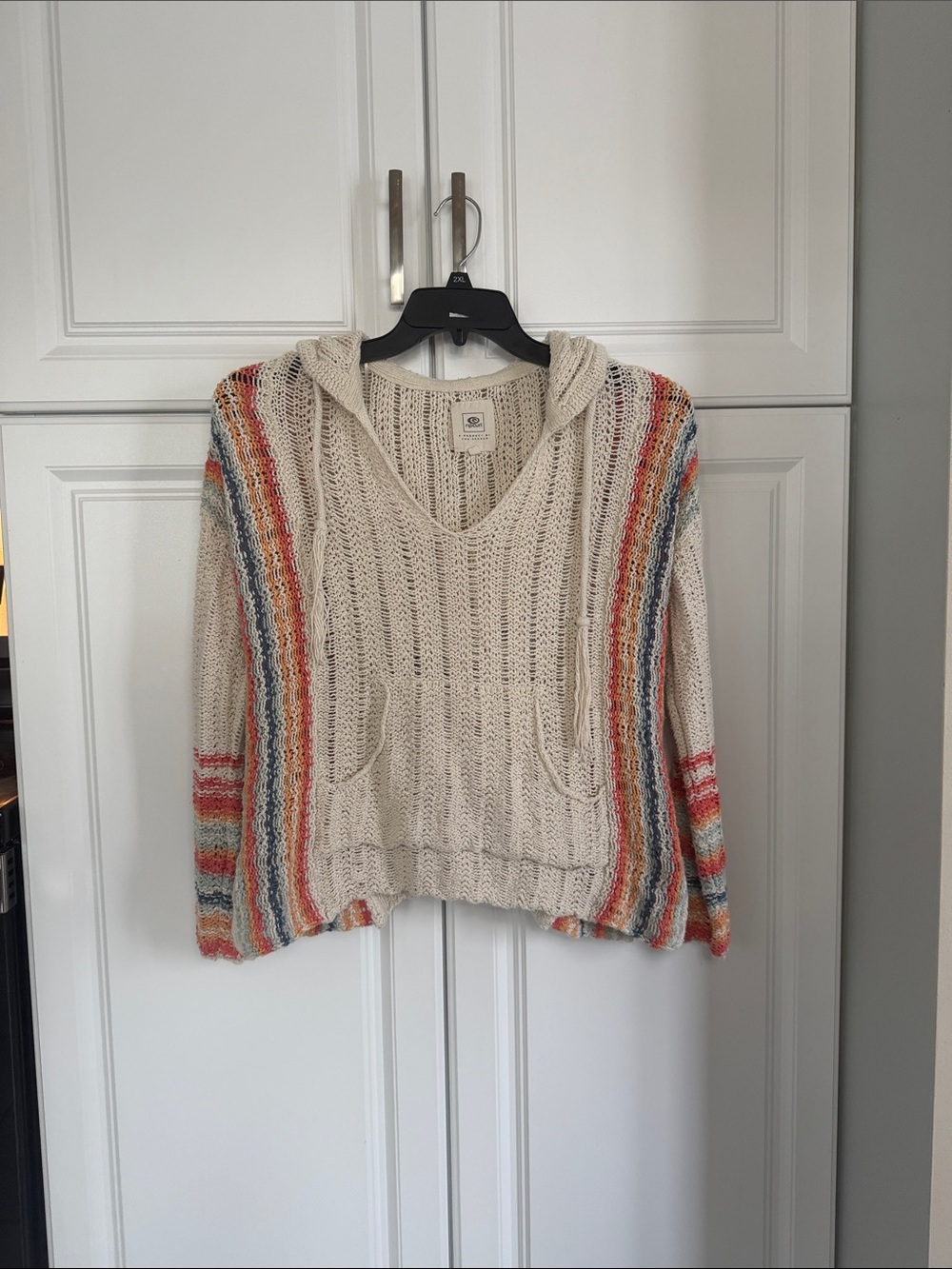 Rip Curl Cream Open-Knit Hooded Sweater with Multicolor Stripe Accents